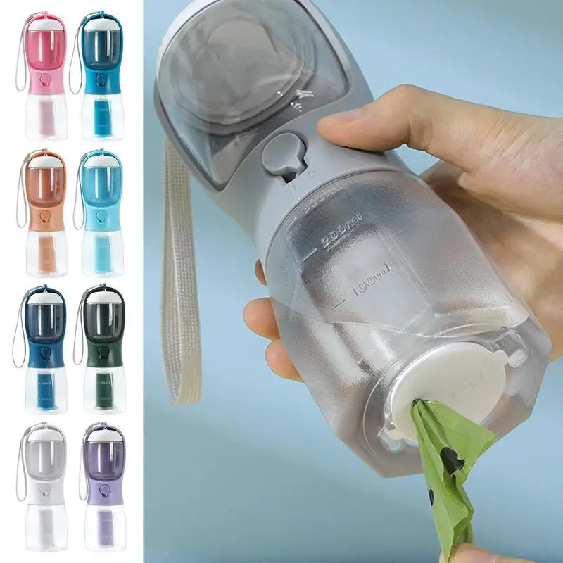 3-in-1 Portable Pet Water Bottle – 300ml Water + Food Container + Waste Bag Dispenser