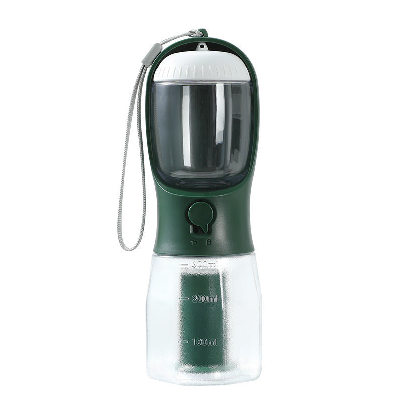 3-in-1 Portable Pet Water Bottle – 300ml Water + Food Container + Waste Bag Dispenser