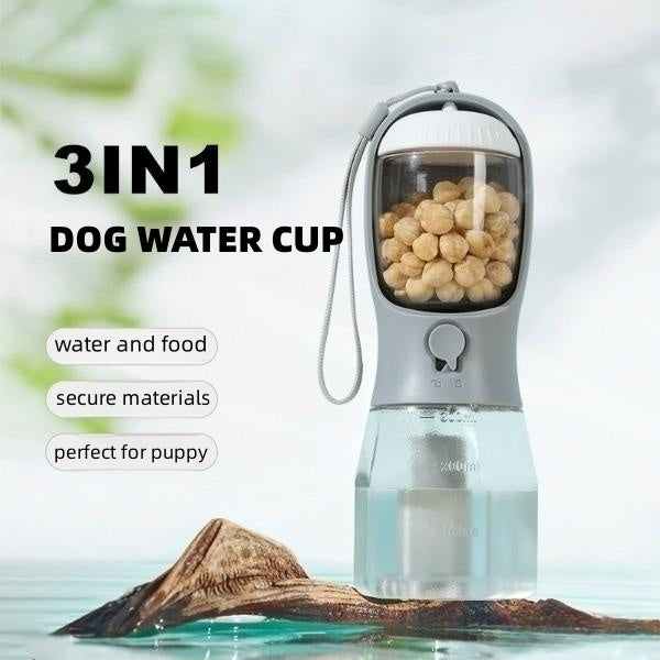 3-in-1 Portable Pet Water Bottle – 300ml Water + Food Container + Waste Bag Dispenser