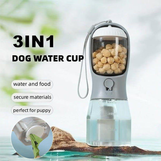 3-in-1 Portable Pet Water Bottle – 300ml Water + Food Container + Waste Bag Dispenser